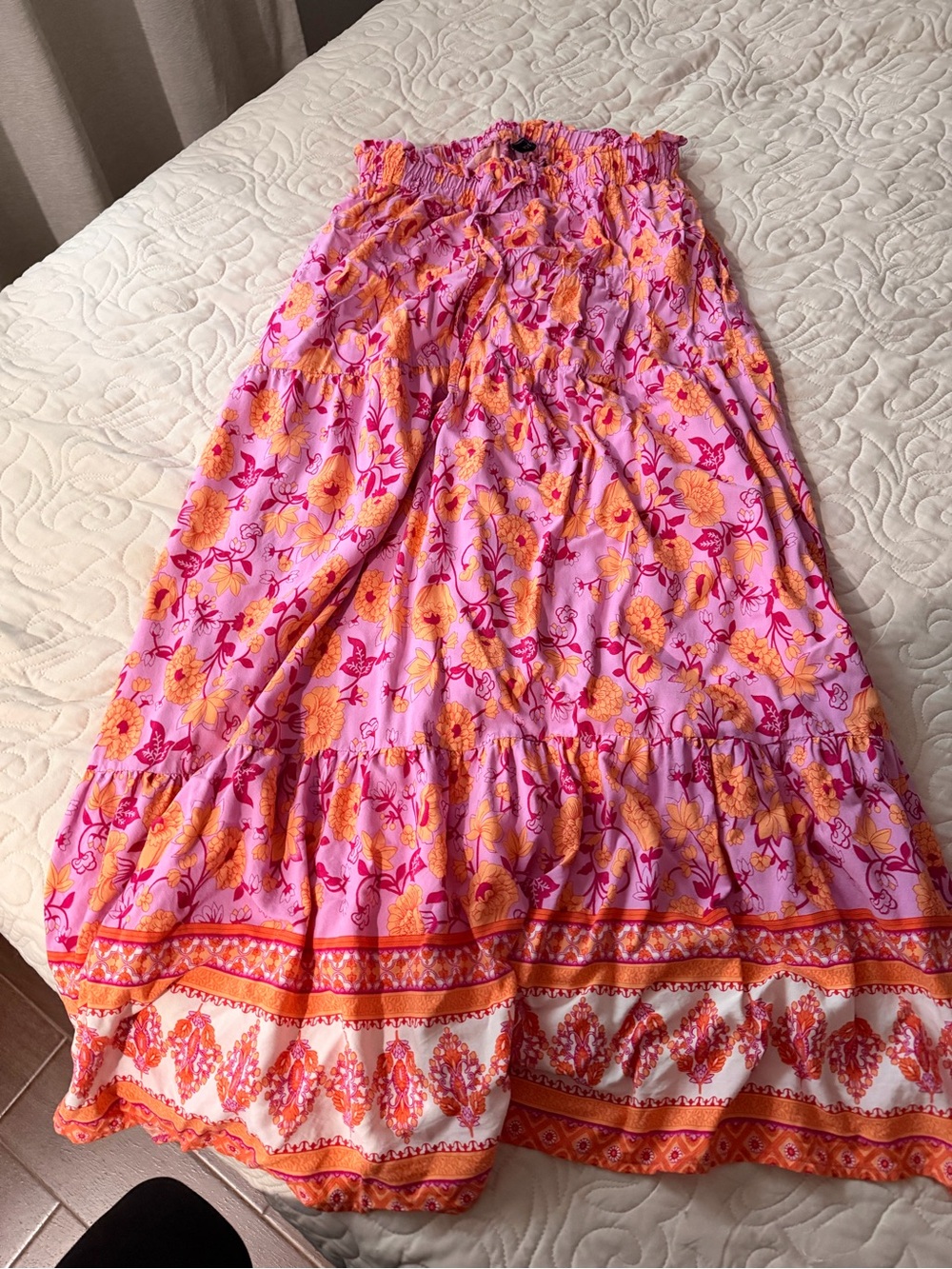 Zesica Boho Floral Pink & Orange Tiered Maxi Skirt Size Medium